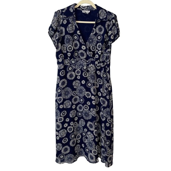 Navy & White Floral Print Dress By Robbie Bee Size 14 - Picture 1 of 8